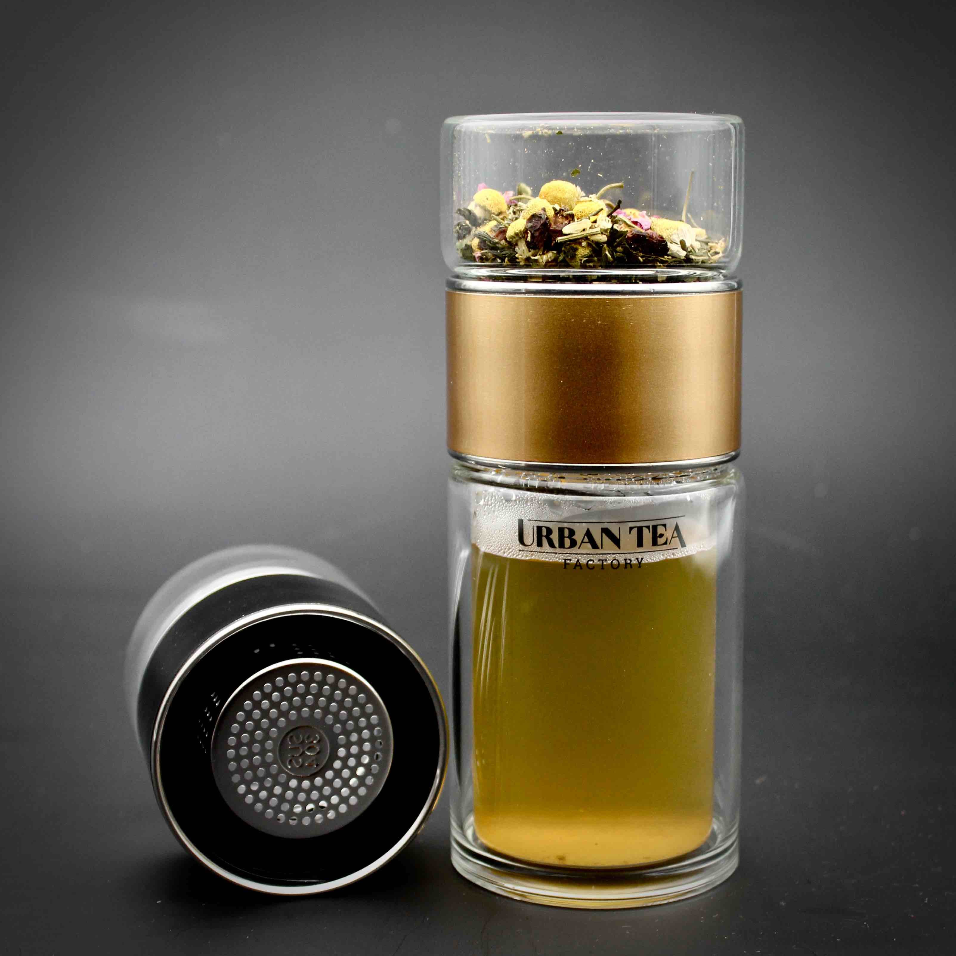 Tea Infuser - Doppelwandige Thermo-Glas-Teeflasche - Gold - Edelstahl