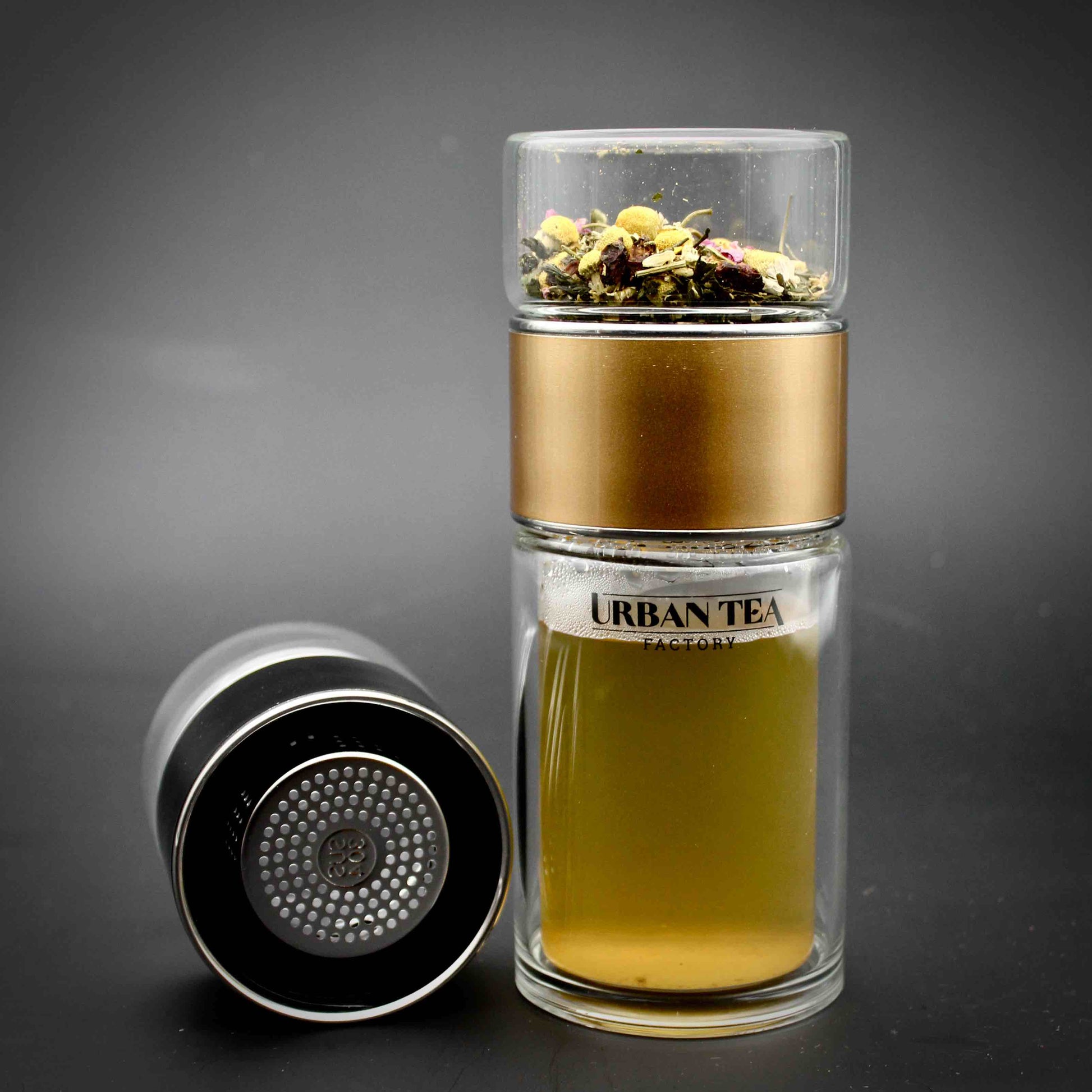 Tea Infuser - Doppelwandige Thermo-Glas-Teeflasche - Gold - Edelstahl