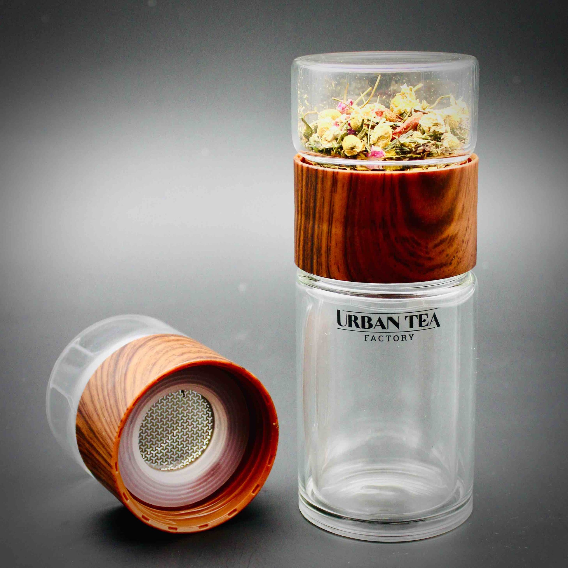 Tea Infuser - Doppelwandige Thermo-Glas-Teeflasche - Holzoptik - Kunststoff